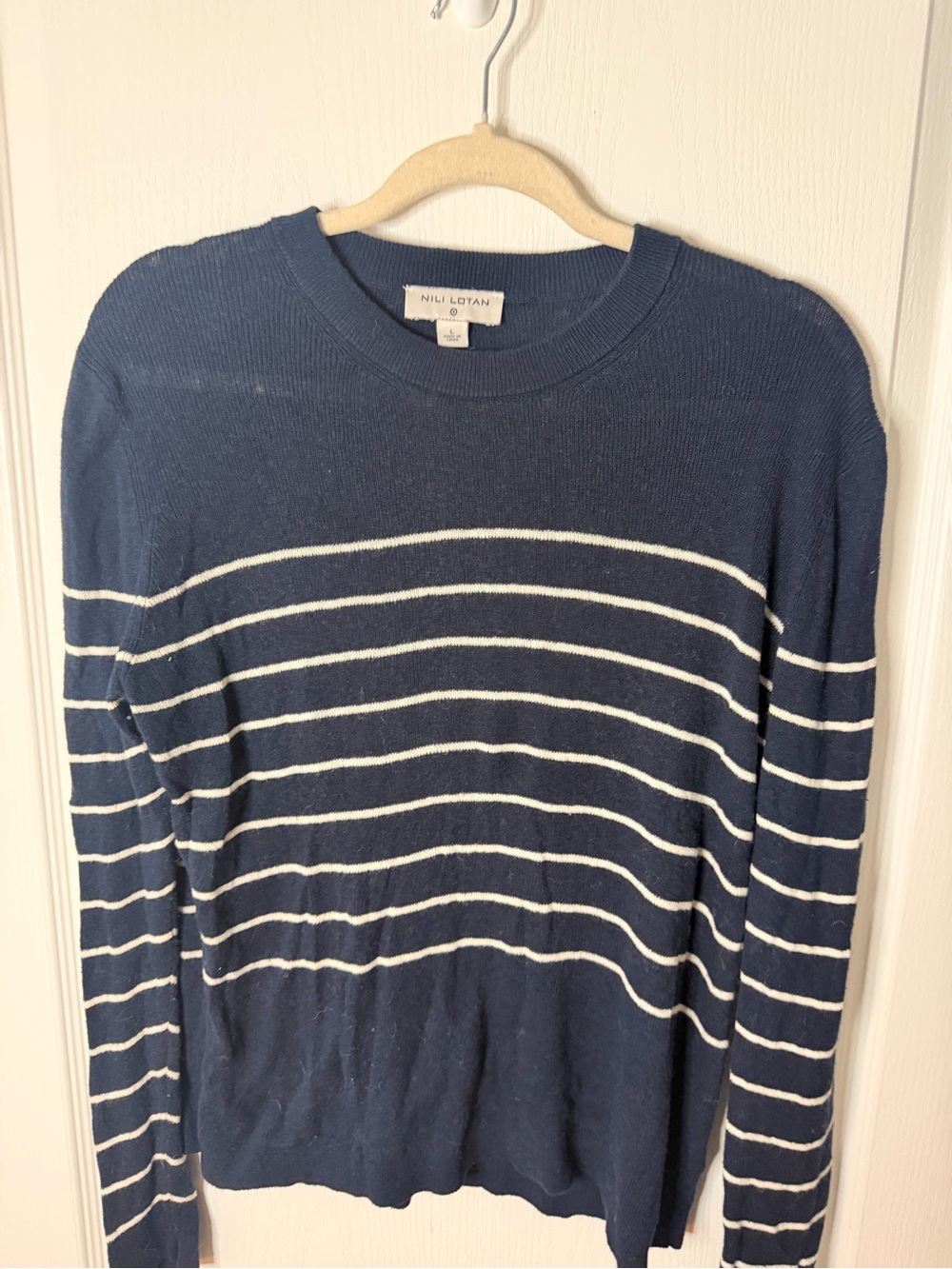 Nili Lotan Navy with White Striped Crewneck Sweater